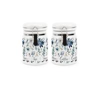 Purely Home Blue Pastel Flowers Tea & Coffee Ceramic Canisters Set - Pretty Watercolour Floral Gifts - Ceramic Kitchen Food Storage Containers with Clip Lid 400ml (13.5cm x 8.5cm) Set of 2