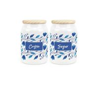 Purely Home Blue Petals Coffee & Sugar Canister Set - Ceramic Kitchen Storage Containers with Wooden Lid 600ml (14.5cm x 9.5cm)
