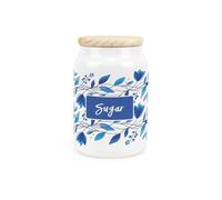 Purely Home Blue Petals Sugar Canister - Ceramic Kitchen Storage Container with Wooden Lid 600ml (14.5cm x 9.5cm)