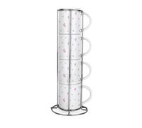 Purely Home Blue & Pink Hearts Stacking Mugs Set - Pretty Love Themed Cups Gifts for Couples - Set of 4 Ceramic Mugs Gift Set with Metal Stand