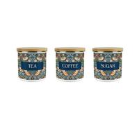 Purely Home Blue Strawberry Thief Tea, Coffee & Sugar Storage Canister Set - Morris Inspired Tapestry Artwork Gift - Enamel Kitchen Containers