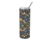 Purely Home Blue Strawberry Thief Travel Flask - William Morris Artwork Gifts - Reusable Stainless Steel Hot/cold Drinks Cup With Straw 600Ml