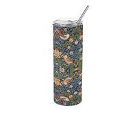Purely Home Blue Strawberry Thief Travel Flask - William Morris Artwork Gifts - Reusable Stainless Steel Hot/Cold Drinks Cup with Straw 600ml