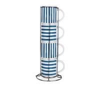 Purely Home Blue Stripes Stacking Mugs Set - Nautical Decor Present - Set Of 4 Ceramic Mugs Gift Set With Metal Stand