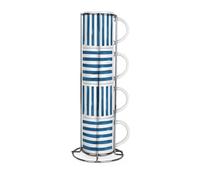 Purely Home Blue Stripes Stacking Mugs Set - Nautical Decor Present - Set of 4 Small Ceramic Mugs Gift Set with Metal Stand