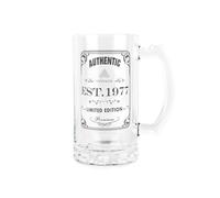 Purely Home Born in 1977 Gift Glass Stein - Vintage Beer Glass Present - 450ml Drinking Cup/Tankard Mug with Handle Gifts for Birthdays