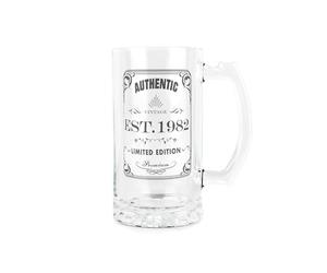 Purely Home Born in 1982 Gift Glass Stein - Vintage Beer Glass Present - 450ml Drinking Cup/Tankard Mug with Handle Gifts for Birthdays