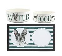 Purely Home Boston Terrier Pet Mat, Food & Water Bowl Set