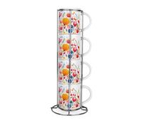 Purely Home Bright Floral Stacking Mugs Set - Pretty Flower Presents for Her - Set of 4 Small Ceramic Mugs Gift Set with Metal Stand