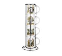 Purely Home British Animals & Birds Stacking Mugs Set - Set Of 4 Ceramic Mugs Gift Set With Metal Stand