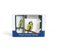 Purely Home British Birds Mug & Coaster Gift Set - Blue Tit by Rhiannon Chauncey - Bone China Mug and Glass Coaster Set - Tea/Coffee Present