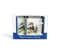 Purely Home British Steam Train Mug & Coaster Gift Set - Trainspotting Locomotive Train Tracks Bone China Mug and Glass Coaster Set - Tea/Coffee Present