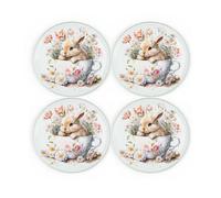 Purely Home Bunny Rabbit Coaster Set - Round Glass Teacup Floral Bunny Design Gift - Set Of Four (4) Drinks Coasters