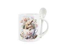 Purely Home Bunny Rabbit Mug and Spoon Set - Floral Teacup Design Ceramic White Coffee/Tea/Hot Chocolate Mug with Spoon in Handle