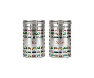 Purely Home Campervans Tea & Sugar Canisters Set - Multicoloured Campers Holiday Gifts for Campervan Owners - Silver Metal Clip Lid Kitchen Food/Drinks Storage Jar/Container 600ml (14cm x 8.5cm)