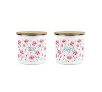 Purely Home Carnation Flowers Tea & Sugar Storage Canisters Set - Pink & Blue Floral Kitchen Housewarming Gifts - White Metal Enamel Medium Sized Kitchen Food/Drinks Storage Containers Pack of 2
