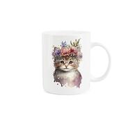 Purely Home Cat Mug - Flower Crown Tabby Kitten Animal Gift/Present - Tea Coffee White Bone China Mug