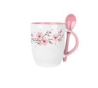 Purely Home Cherry Blossom Mug & Spoon Set - 300ml Pink Floral Ceramic Drinks Cup Gifts for Her