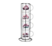 Purely Home Cherry Blossoms Stacking Mugs Set - Pink Floral Presents For Her - Set Of 4 Ceramic Mugs Gift Set With Metal Stand