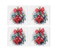 Purely Home Christmas Berries Ceramic Coaster Set - Holly Leaves Xmas Square Set Of Four (4) Coasters Gift