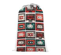 Purely Home Christmas Cassette Tapes Present Bag - Novelty Xmas Santa Sack White/multi With Drawstring Ties