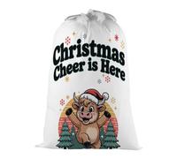 Purely Home Christmas Cheer Highland Cow Present Bag - Novelty Xmas Santa Sack White/multi With Drawstring Ties