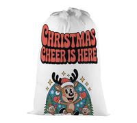 Purely Home Christmas Cheer Reindeer & Elves Present Bag - Novelty Xmas Santa Sack White/multi With Drawstring Ties
