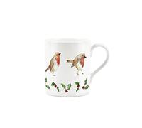 Purely Home Christmas Festive Robins & Holly Design - Small Fine Bone China White Mug Coffee/Tea Xmas Present Gift