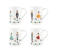 Purely Home Christmas Nutcracker Mugs Set of 4 - Bone China Style White - Soldier & Ballerina Coffee/Tea/Hot Chocolate Present Gift for Xmas