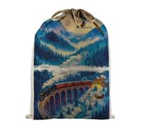 Purely Home Christmas Train Viaduct Santa Sack - Large Watercolour Linen-Style Present Bag For Xmas Gifts With Drawstring Ties