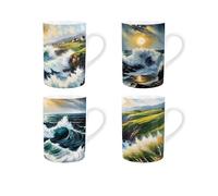 Purely Home Coastal Waves Mugs Set - Seaside Crashing Waves Seascape Cups Gift Set - Tea/Coffee Hot Drinks Ceramic Mug Gift/Present Set of Four Mugs
