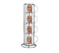Purely Home Crazy Cat Lady Stacking Mugs Set - Ginger Cat Present - Set Of 4 Ceramic Mugs Gift Set With Metal Stand