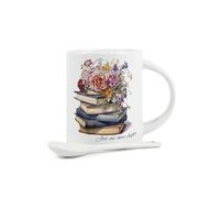 Purely Home Customisable Book Mug & Spoon Set - Personalised Gift for Reading Lovers Floral Design - Ceramic Hot Chocolate/Drinks Mug with Spoon in Handle