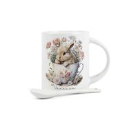 Purely Home Customisable Bunny Rabbit Mug & Spoon Set - Personalised Floral Teacup Design White Ceramic Coffee/Tea/Hot Chocolate Mug with Spoon in Handle