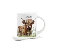 Purely Home Customisable Highland Cow and Calf Mug & Spoon Set - Personalised Mum Cow & Calf Farmyard Animals Gifts - Ceramic Hot Drinks/Soup Mug with Spoon in Handle
