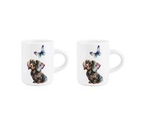 Purely Home Dachshund Cup - Dachshund and Butterfly - Small Mini White Ceramic Coffee Shot Mug Set of 2