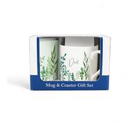 Purely Home Dad Mug & Coaster Gift Set - Green Leaves & Foliage Indoor Plants Bone China Mug and Glass Coaster Set - Tea/Coffee Present for Fathers Day