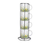 Purely Home Daffodil Stacking Mugs Set - Springtime Flowers Ceramic Tea/coffee Cups - Drinkware Mug Gift Set With Metal Stand/holder Set Of 4