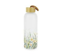 Purely Home Daffodils Glass Water Bottle - Spring Time Floral Gift For Her - Frosted Glass Drinks Bottle With Wooden Screw Lid & Hanging Loop
