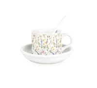 Purely Home Dainty Wildflowers Cup & Saucer Set With Spoon - Floral Ceramic White Mug Coffee/tea Hot Drinks Present Gift