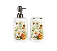 Purely Home Daisy Bees Bathroom Set - Refillable Ceramic Soap Dispenser & Toothbrush Holder