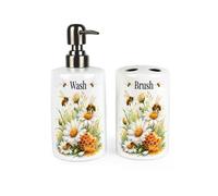 Purely Home Daisy Bees Bathroom Set - Text Refillable Ceramic Soap Dispenser & Toothbrush Holder