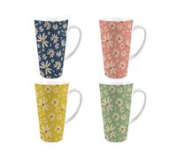 Purely Home Daisy Print Tall Latte Mug Set - Ceramic Multicolour Large Coffee Cups Gift, Set of 4