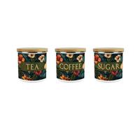 Purely Home Dark Hibiscus Tea, Coffee & Sugar Storage Canisters Set - Flowers & Foliage Gift - Medium Enamel Kitchen Containers Set Of 3