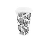 Purely Home Delicate Leaves Ceramic Travel Mug - Black & White Foliage Reusable Silicone Lid Double-Walled Insulated Hot/cold Drinks Gift Mug