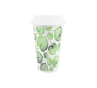 Purely Home Delicate Summer Leaves Ceramic Travel Mug - Green Foliage Reusable Silicone Lid Double-Walled Insulated Hot/cold Drinks Gift Mug