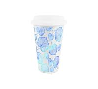 Purely Home Delicate Winter Leaves Ceramic Travel Mug - Blue Foliage Reusable Silicone Lid Double-Walled Insulated Hot/cold Drinks Gift Mug