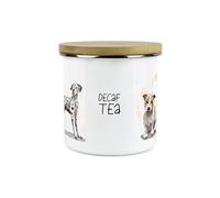 Purely Home Dog Themed Decaf Tea Canister - Dalmation Frenchie Terrier Spaniel - White Metal Enamel Kitchen Food Storage Container