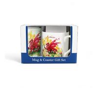 Purely Home Dragon & Daffodils Nain Mug and Coaster Gift Set - Wales Souvenir Bone China Mug and Glass Coaster Set - Tea/Coffee Presents for Grandmas