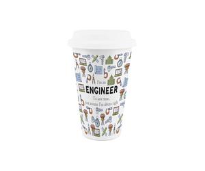Purely Home Engineer Ceramic Travel Mug - Novelty Tradies Gifts/New Job Presents - Reusable Silicone Lid Double-Walled Insulated Hot/Cold Drinks Cup